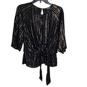 Express Black/Gold Blouse, Tie Front, Keyhole Opening, Medium